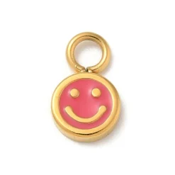 Breloque visage souriant en émail cerise sur acier inoxydable 304 plaqué or 14K