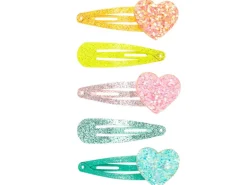 Lot de 5 Barrettes Héloise - Coeur pailleté - Rose, bleu et orange