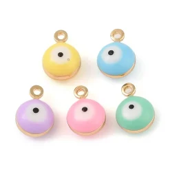 Lot de 10 Breloques grelot oeil émaillé pastel plaqué or 18 K