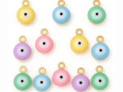 Lot de 10 Breloques grelot oeil émaillé pastel plaqué or 18 K