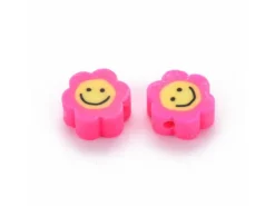 Lot de 20 perles en pâte polymère - fleur émoticône - Rose foncé