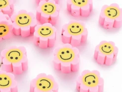 Lot de 20 perles en pâte polymère - Fleur émoticône - Rose perle