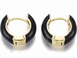 Paire de boucles d'oreilles créoles émaillées - Noir - 14 mm