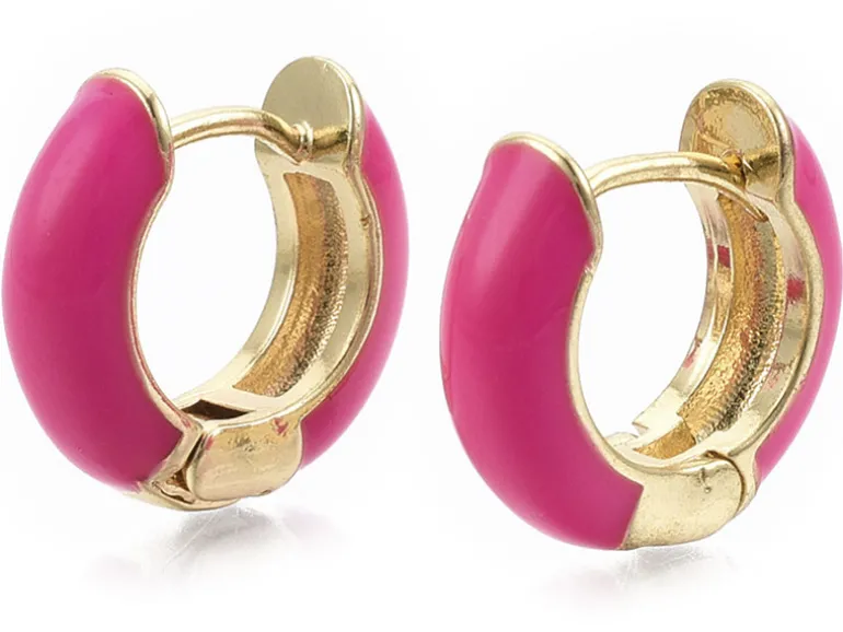 Paire de boucles d'oreilles huggie - Émaillé et doré à l'or fin - Rose vif