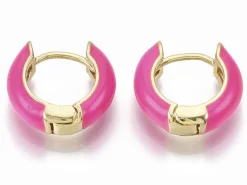 Paire de boucles d'oreilles huggie - Émaillé et doré à l'or fin - Rose vif
