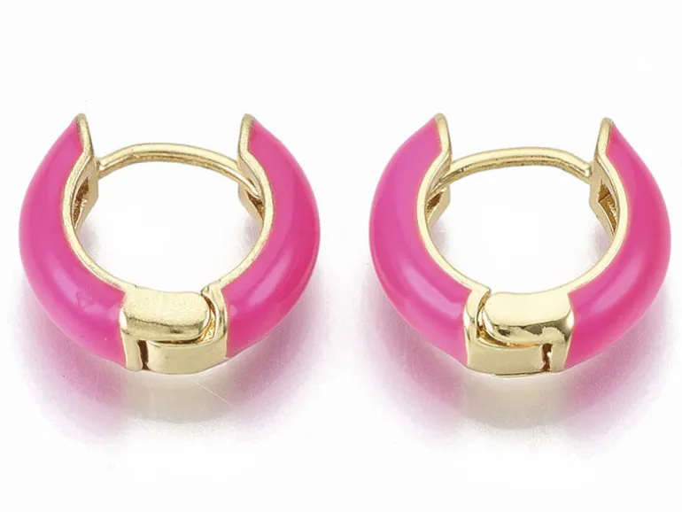 Paire de boucles d'oreilles huggie - Émaillé et doré à l'or fin - Rose vif