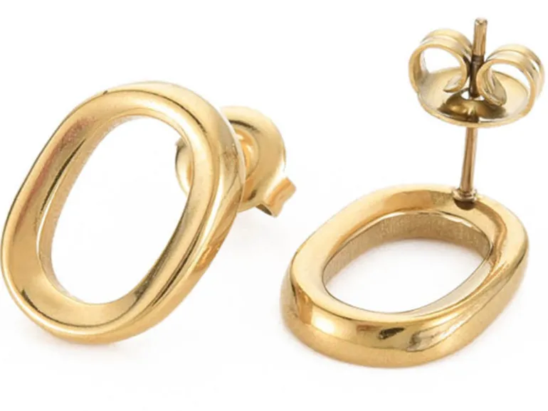 Paire de boucles d'oreilles puces - Ovale - Doré à l'or fin 14k - 15 x 12 mm