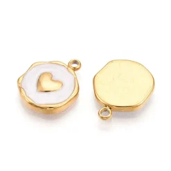Pendentif cœur émaillé blanc en acier inoxydable 304 plaqué or 18 K