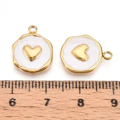 Pendentif cœur émaillé blanc en acier inoxydable 304 plaqué or 18 K
