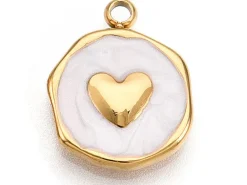 Pendentif cœur émaillé blanc en acier inoxydable 304 plaqué or 18 K