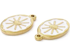 Pendentif émaillé en acier inoxydable doré - Soleil blanc- 23 x 14 mm