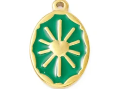 Pendentif émaillé vert - Soleil ovale - 23 x 14 mm - doré et acier inox