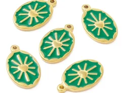 Pendentif émaillé vert - Soleil ovale - 23 x 14 mm - doré et acier inox