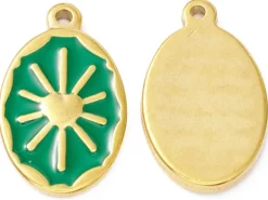 Pendentif émaillé vert - Soleil ovale - 23 x 14 mm - doré et acier inox