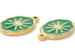 Pendentif émaillé vert - Soleil ovale - 23 x 14 mm - doré et acier inox
