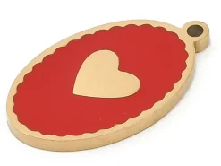 Pendentif ovale cœur émaillé rouge plaqué or 18K
