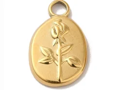 Pendentif ovale en acier inoxydable 304 avec charm fleur – Plaqué or 18K