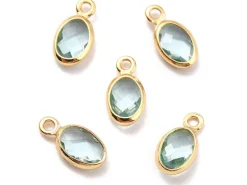 Pendentif ovale serti en verre à facettes - doré à l'or fin 18K - 9 mm - Bleu vert d'eau