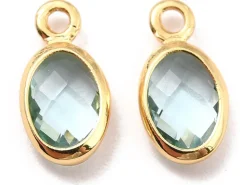 Pendentif ovale serti en verre à facettes - doré à l'or fin 18K - 9 mm - Bleu vert d'eau