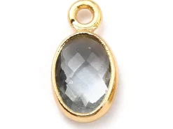 Pendentif ovale serti en verre à facettes - doré à l'or fin 18K - 9 mm - Gris