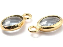 Pendentif ovale serti en verre à facettes - doré à l'or fin 18K - 9 mm - Gris