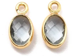 Pendentif ovale serti en verre à facettes - doré à l'or fin 18K - 9 mm - Gris