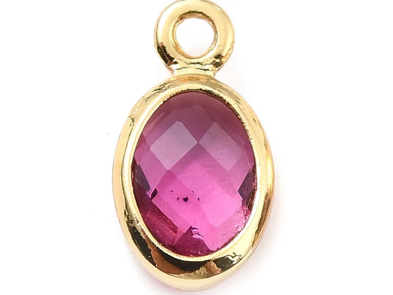 Pendentif ovale serti en verre à facettes - doré à l'or fin 18K - 9 mm - Rose fuchsia