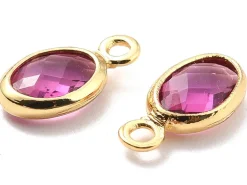 Pendentif ovale serti en verre à facettes - doré à l'or fin 18K - 9 mm - Rose fuchsia