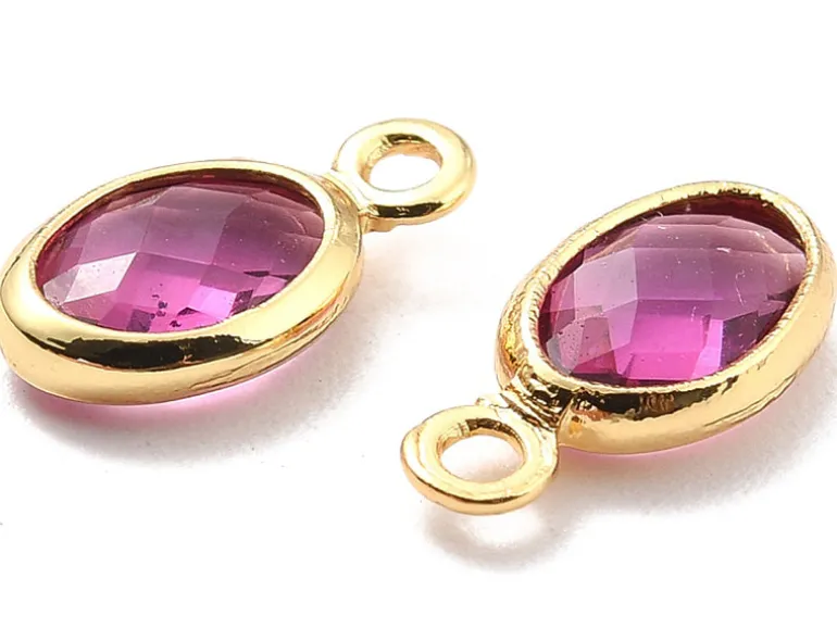 Pendentif ovale serti en verre à facettes - doré à l'or fin 18K - 9 mm - Rose fuchsia
