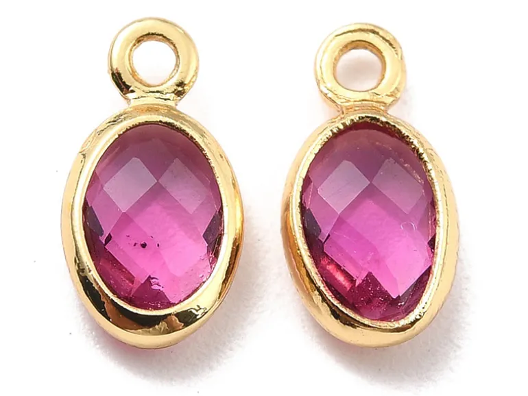Pendentif ovale serti en verre à facettes - doré à l'or fin 18K - 9 mm - Rose fuchsia