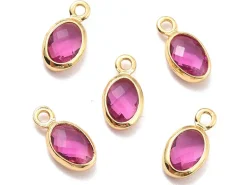 Pendentif ovale serti en verre à facettes - doré à l'or fin 18K - 9 mm - Rose fuchsia