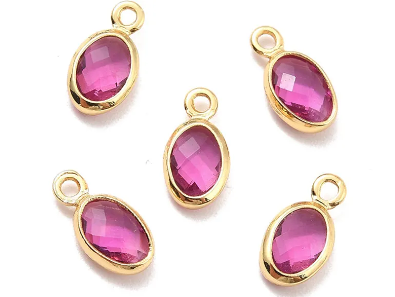 Pendentif ovale serti en verre à facettes - doré à l'or fin 18K - 9 mm - Rose fuchsia