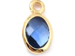 Pendentif ovale serti en verre à facettes - Doré à l'or fin 18K - 9 mm - Bleu