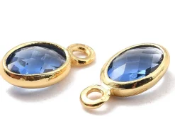 Pendentif ovale serti en verre à facettes - Doré à l'or fin 18K - 9 mm - Bleu