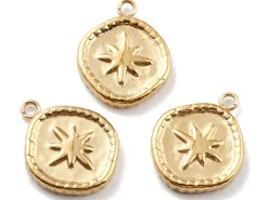 Pendentif rond avec étoile du nord - 17 x 13 mm - doré à l'or fin 24K
