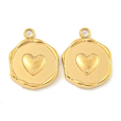 Pendentif rond plat avec cœur en acier inoxydable 304 plaqué or 18K