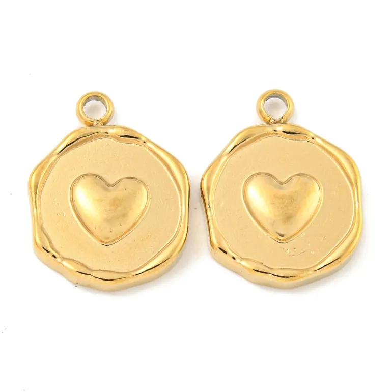 Pendentif rond plat avec cœur en acier inoxydable 304 plaqué or 18K