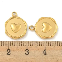 Pendentif rond plat avec cœur en acier inoxydable 304 plaqué or 18K