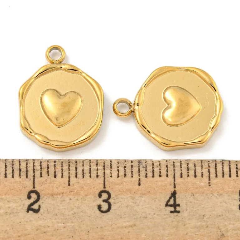Pendentif rond plat avec cœur en acier inoxydable 304 plaqué or 18K