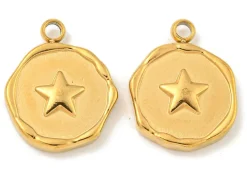 Pendentif rond plat avec étoile en acier inoxydable 304 plaqué or 18K