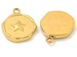 Pendentif rond plat avec étoile en acier inoxydable 304 plaqué or 18K