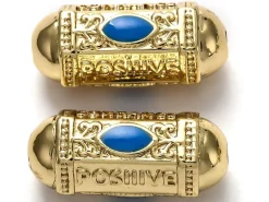 Perle talisman - Doré à l'or fin 18 K - émaillée bleu - 19 mm